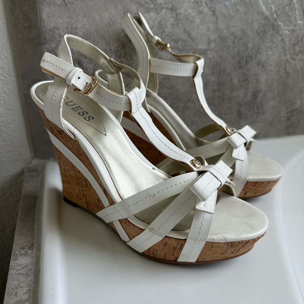 GUESS Cream Wedge Sandals with Cork Detail